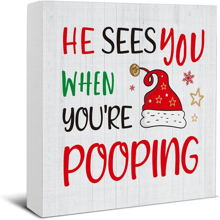Christmas Bathroom Decorations, Funny Christmas Wood Sign Decor 5x5 Inches