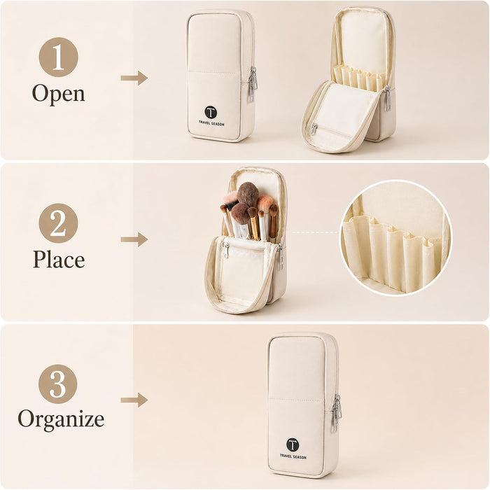 Small Standing Makeup Brush Bag & Holder, Beige Travel Cosmetic Case