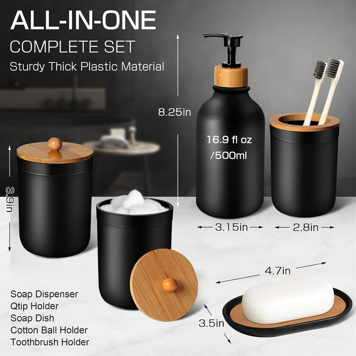 Black Bathroom Accessories Set 5 Pcs, Matte Black Bathroom Accessories, Plastic Soap Dispenser and Toothbrush Holder Set