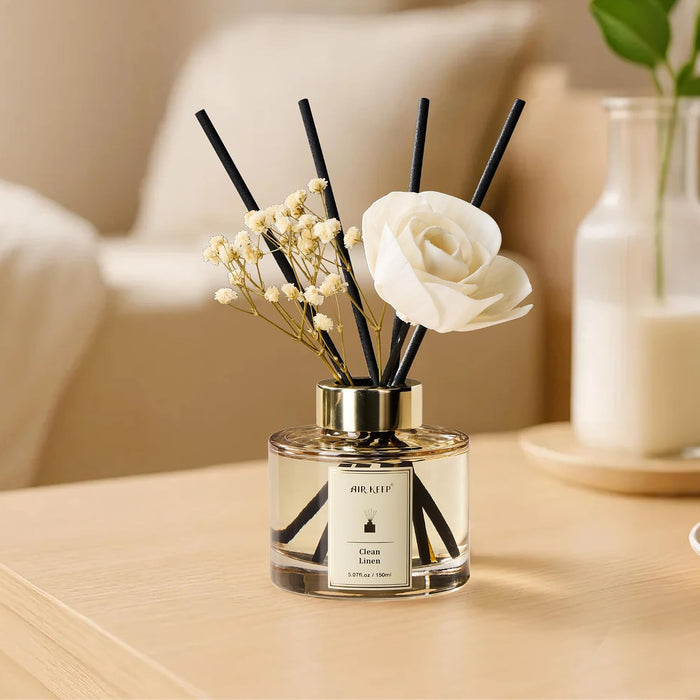 Flower Reed Diffusers Set, 5.07 oz Clean Linen Scented Oil Diffuser with 8 Reed Sticks, Home Fragrance Diffuser Gift Set for Bathroom & Office Decor 150ml