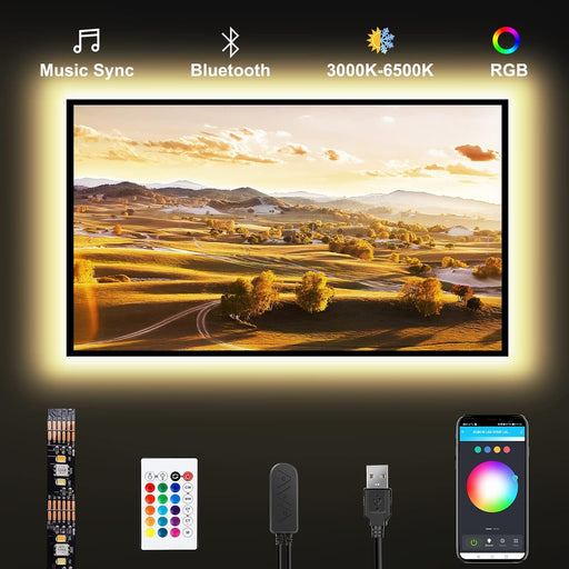 Bluetooth RGBWW LED Lights for 50-55 Inch TV With App Control, RGB+Tunable White 3000K-6500K Backlight With RF Remote, M