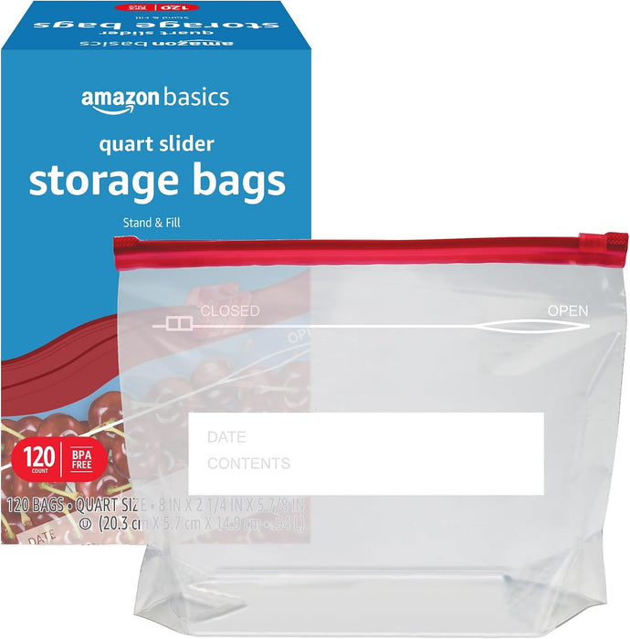 Slider Quart Food Storage Bags with Stand-Up Bottom, Easy to Fill, BPA Free, 120 Count (Previously Solimo)