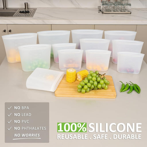 Reusable Storage Bag, 12 Pack 100% Silicone Food Storage Bags Stand Up Silicone Zip Lock Bags for Food Container, Freeze