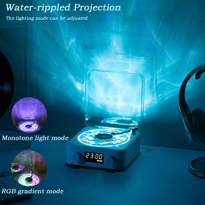 The Waves Vinyl Player, Waves Bluetooth Speaker, Portable Vintage Vinyl Speaker with Adjustable Light and Time for Bedroom, Party, White