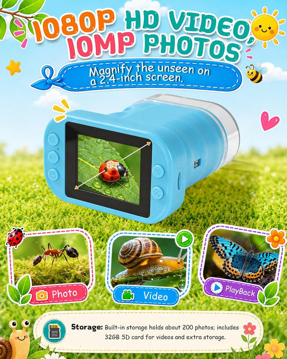 1000X Kids Handheld Digital Microscope, 32GB SD Card, 2.4" IPS Screen