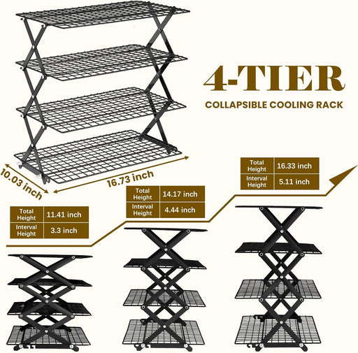 𝟐𝟒% 𝐎𝐅𝐅 4 Tier Collapsible Cooling Rack - Adjustable Black Stainless Steel Baking Rack with Mesh Leak Proof, Foldab