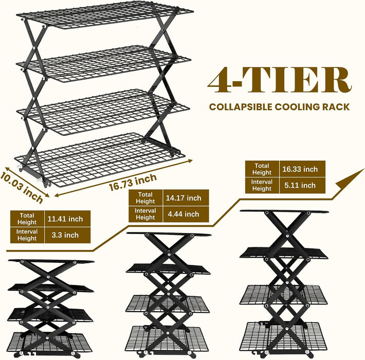 𝟐𝟒% 𝐎𝐅𝐅 4 Tier Collapsible Cooling Rack - Adjustable Black Stainless Steel Baking Rack with Mesh Leak Proof, Foldab