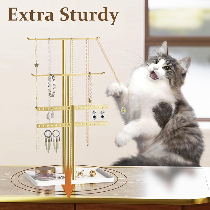 Jewelry Stand Holder Organizer: 14.5" Sturdy Hanger for 80 Pcs Jewelry, Gift for Women, Gold Jewlery Tower for Necklace,