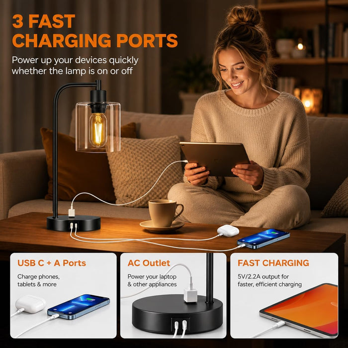Set of 2 Industrial Touch Control Table Lamps with USB C+A Ports and AC Outlet - 3-Way Dimmable Black Bedside Lamps Nigh