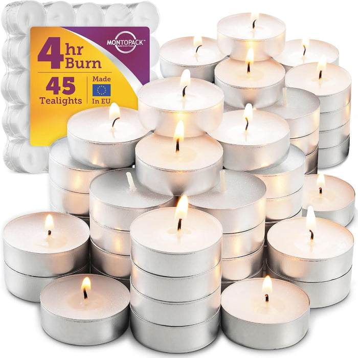 Unscented Tea Light Candles 45 Pack | 4 Hours, White, Smokeless, Dripless Small Votive Paraffin Tealights | Long-Lasting
