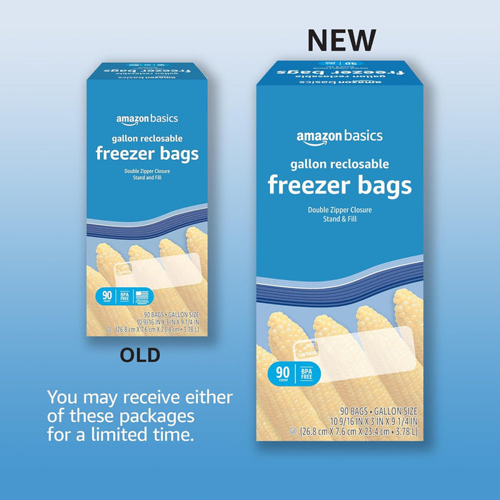 Reclosable Freezer Gallon Size Bags with Double Zipper Seal, Stand-Up Bottom, BPA Free, 90 Count (Previously Solimo)