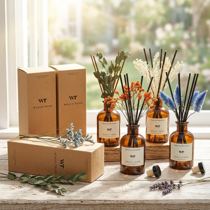 Flower Reed Diffuser Set Eucalyptus & Lavender Scent for Room Bathroom Accessories Shelf Decor & Air Fresheners, Sticks Defusers with 4.0 fl oz Home Fragrance Oils, Office Gift