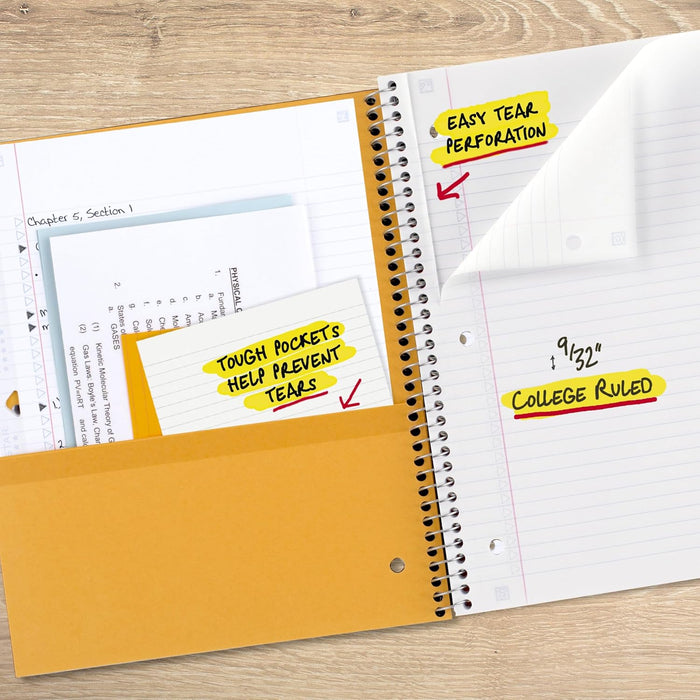 Spiral Notebook + Study App, 5 Subject, College Ruled Paper, 8-1/2" x 11", 200 Sheets, Fights Ink Bleed, Water Resistant Cover, Black (72081)