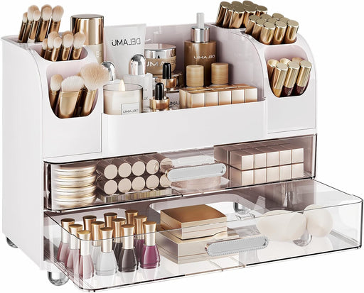 Large Makeup Organizer Countertop with 6 Brush Holders, White