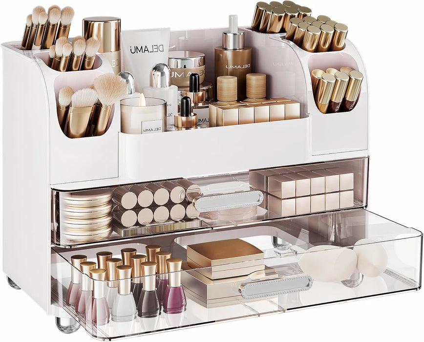 Large Makeup Organizer Countertop with 6 Brush Holders, White