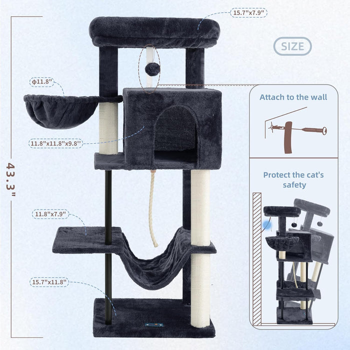Cat Tree, Cat Tower for Indoor Cats, 43.3 inch Cat Tree Tower with Sturdy Steel Tube, Hammock, Cat Condo for Small Cats and Kittens, Scratching Post, Smoky Gray GCT004SG