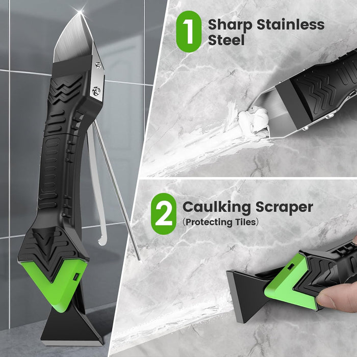 5 in 1 Caulking Tool Silicone Caulking Grout Removal Sealant Finishing Tool with Stainless Steel Head, 6 Replaceable Pad