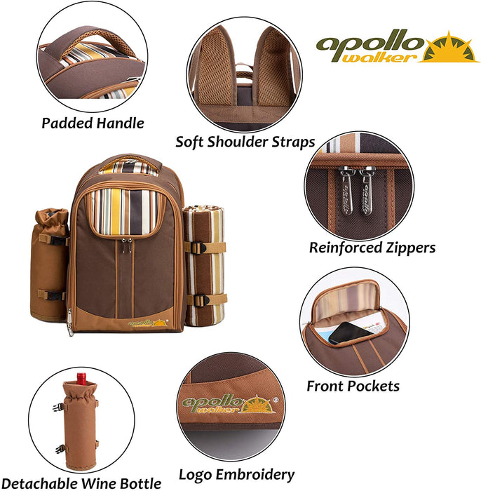 Picnic Backpack, 4-Person with Blanket & Wine, Family & Lovers Gift, Brown