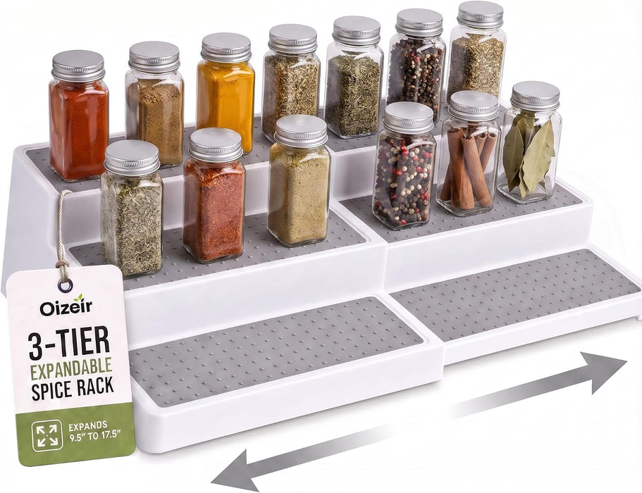 3-Tier Expandable Spice Rack Organizer for Cabinet, White/Grey