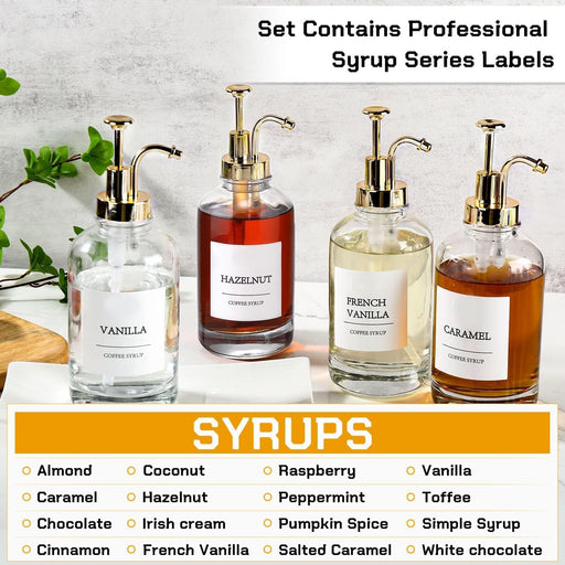 Coffee Bar Accessories,Coffee Syrup Dispenser with Labels for Coffee Bar,Pack of 4,Total 67.6 oz (Gold Pump)