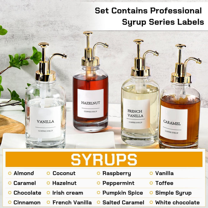 Coffee Bar Accessories,Coffee Syrup Dispenser with Labels for Coffee Bar,Pack of 4,Total 67.6 oz (Gold Pump)