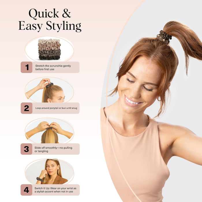 Ultra-Petite Satin Scrunchies for Women - Eucalyptus, 6pcs