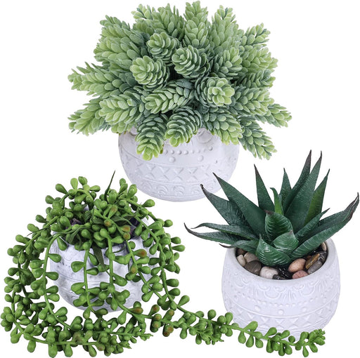 3 Pcs Assorted Small Potted Succulent Plants Artificial Aloe Hanging Succulent in White Geometric Concrete Ceramic Pots 