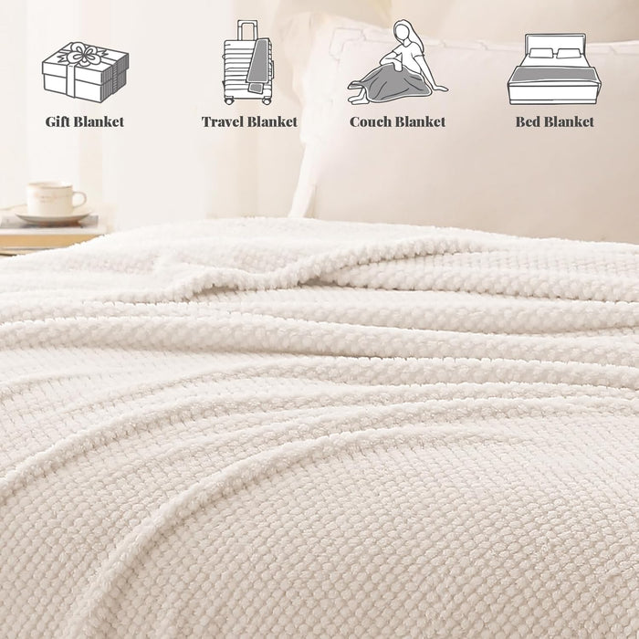 Extra Large Fuzzy Fleece Throw Blanket for Couch, 50x70 Inch Fluffy Warm Soft Jacquard Blankets for All Season, Lightweight and Cozy, Ivory