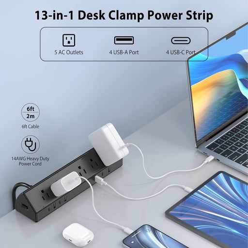 Desk Clamp Power Strip,45W Fast Charging Station,4 USB-C,4 USB-A,Desk Mount Surge Protector,1875W Extension Cord with Multiple Outlets,ETL Listed,for Home Office Dorm Room