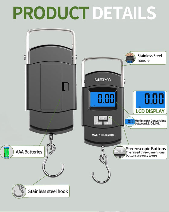 Fish Scale 110lb/50kg Digital Fishing Scale with Backlit LCD, Portable Handle, Stainless Steel Hook & 2 AAA Batteries – 