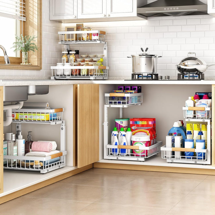 Under Sink Organizer, Adjustable Height, 2 Tier Pull Out Under Cabinet Organizer, Slide Out Thickened Metal Under Sink Storage for Kitchen Bathroom Laundry Pantry Cabinet, White, Large-2-Pack