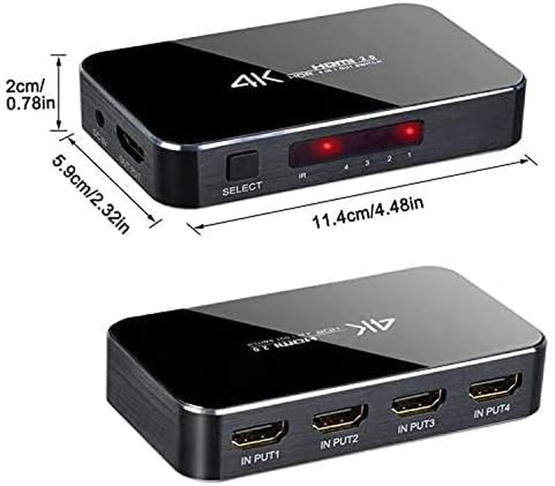 HDMI Switch 4X1, 4K Ultra HD HDMI Switcher 4 in 1 Out Support HDMI 2.0 HDCP 2.2,4K@60Hz, 3D,1080P, 4Kx2k@60Hz (IR Remote Control)
