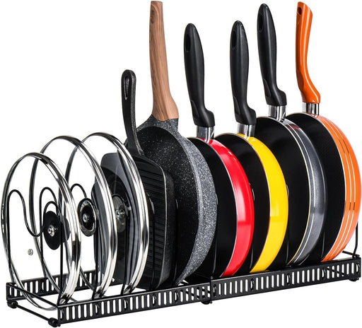 Pots and Pans Organizer Rack for Cabinet and Countertop, 10+ Pot Lids, Bakeware and Cookware Holder with 10 Adjustable Compartments - Black