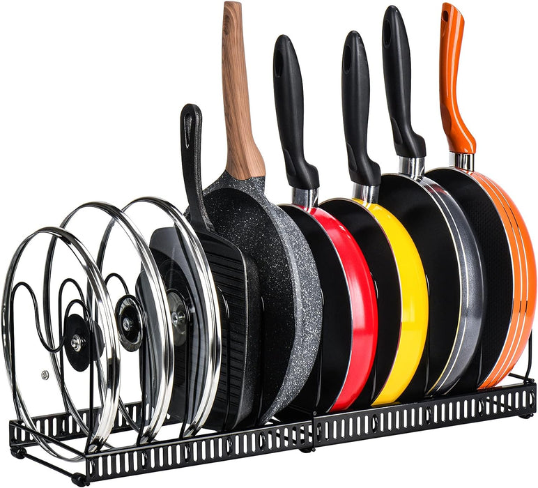 Pots and Pans Organizer Rack for Cabinet and Countertop, 10+ Pot Lids, Bakeware and Cookware Holder with 10 Adjustable Compartments - Black