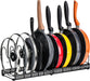 Pots and Pans Organizer Rack for Cabinet and Countertop, 10+ Pot Lids, Bakeware and Cookware Holder with 10 Adjustable Compartments - Black