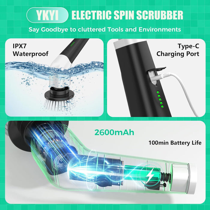 Electric Spin Scrubber, Cordless Power Cleaning Brush with Long Handle