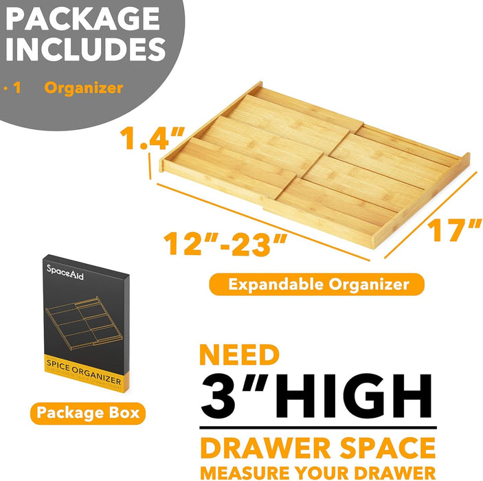Bamboo Spice Drawer Organizer, (Need 3" Deep Drawer) Expandable 4 Tier Spices Rack for Cabinet, Kitchen Seasoning Storag