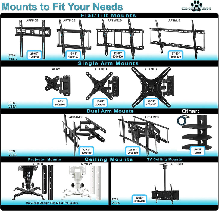 Tilt TV Mount fits 32-86 Inch TVs up to 165lbs Max VESA 600x400mm, with 10ft HDMI Cable, Universal Flat Wall Mount Bracket, fits 16-24" Studs, Ultra Low 1.3" Profile Adjusts to 15 Degree Tilt