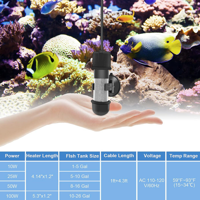 Small Aquarium Betta Heater, Submersible Fish Tank Heater 10W/25W/50W/100W with LED Digital Display, Suitable for Marine