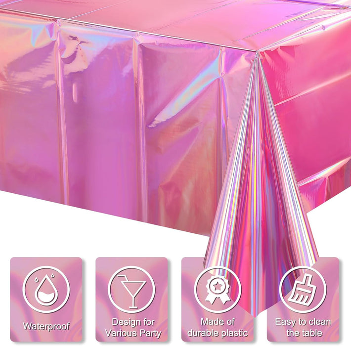 4 Pack Iridescent Pink Plastic Tablecloths,  Shiny Disposable Laser Rectangle Table Covers, Holographic Foil Tablecloth Iridescent Party Decorations for Kpop Birthday Wedding Xmas, 54x108Inch