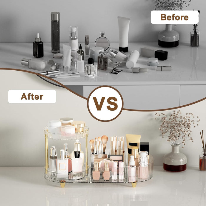 Makeup Organizer Countertop for Vanity, Rotating Perfume Tray with 5-compartment Cosmetic and Skincare Organizers, Multi