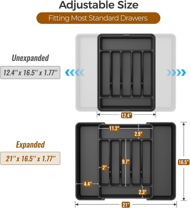 Extra Large Expandable Silverware Organizer, Flatware Tray, Black