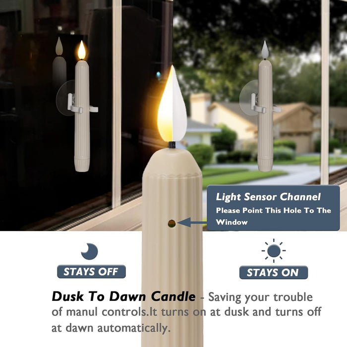 6 Pcs Window Candles with Sensor Dusk to Dawn, Ivory Striped Candlesticks with Suction Cups, Roman Column Christmas Window Candle Battery Operated, Flameless Led Taper Candles for Windows