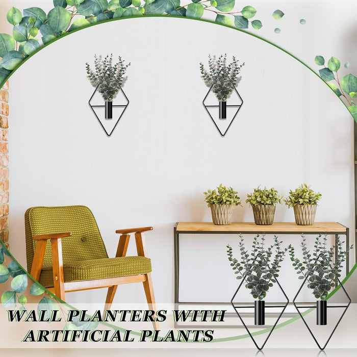 2 Pcs Hanging Artificial Planters Wall Decor, Black, Eucalyptus