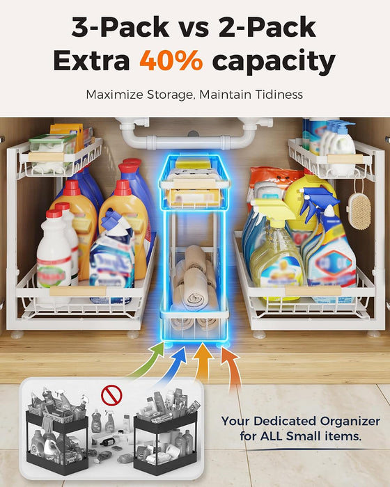 3-Pack 2-Tier Height Adjustable Under Sink Organizer, White