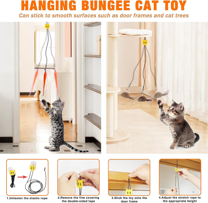 Interactive cat Toy, Automatic Cat Wand Toy with Stable Wooden Base, 2 PCS Detachable Cat Teaser, 5PCS Refills Replacement & Hanging Elastic String, Kitty Kitten Toys Feather Spring Bird Toy