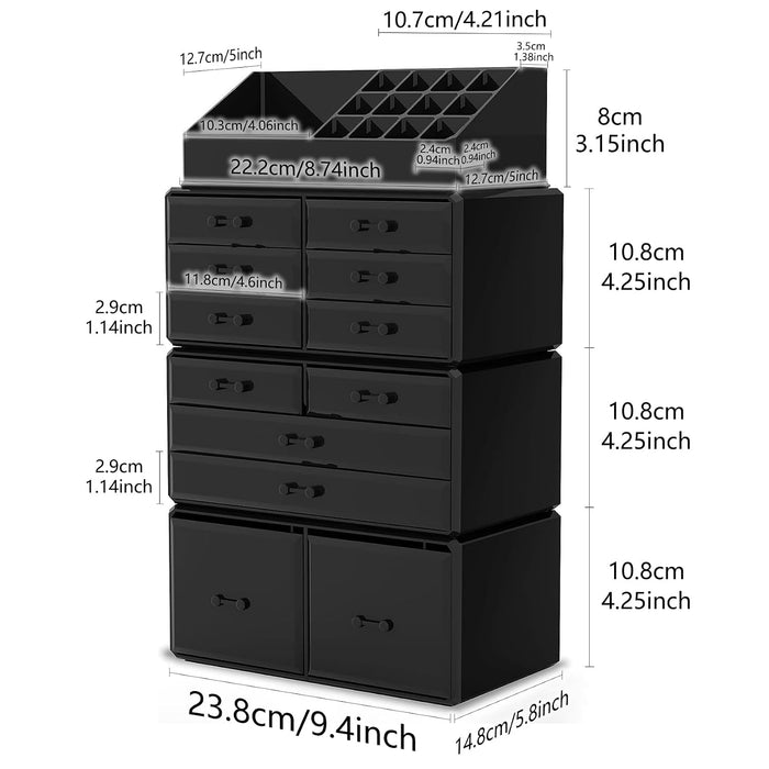Makeup Cosmetic Organizer Storage Drawers Display Boxes Case with 12 Drawers (Black)