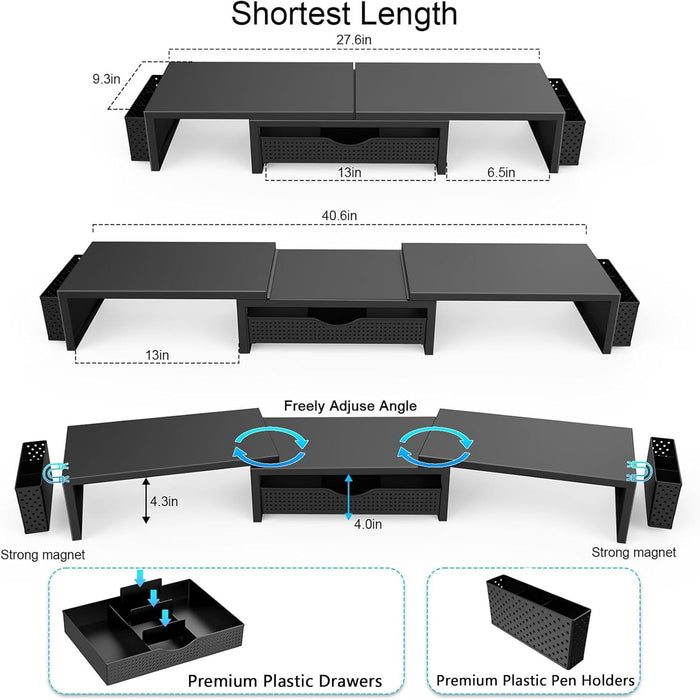 Dual Monitor Stand Riser With Drawer and 2 Pen Holders