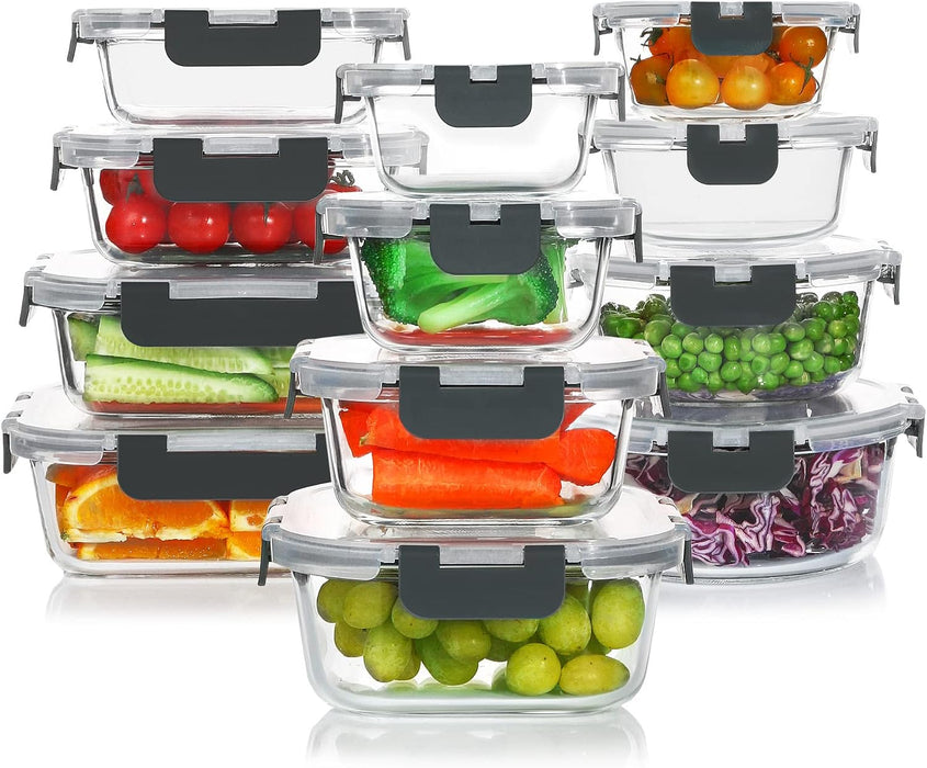 24 Pieces Glass Food Storage Containers Set, Gray