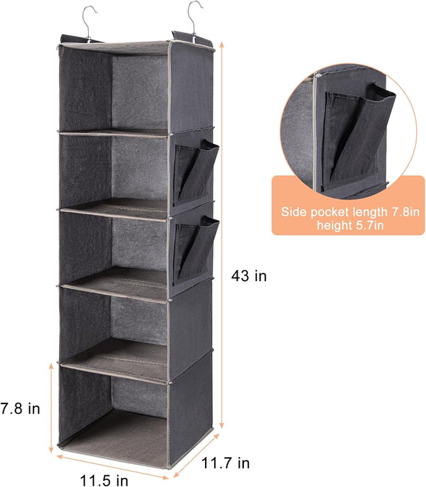 Hanging Closet Organize and Shelves，5-Hanging Shelf with 2 Side Pockets，Storage Foldable （Grey）